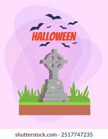 Cruz do Memorial no túmulo para o design de banner de Halloween. Lettering com morcegos voadores sobre fundo abstrato. Conceito de feriado, celebração, morte. Ilustração vetorial para cartaz