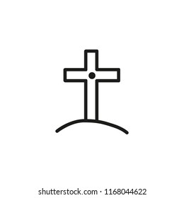 Memorial cross on hill line icon. Tomb, monument, gravestone. Halloween concept. Vector illustration can be used for topics like spirituality, funeral, religion