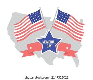 Memorial day 2D vector isolated illustration. Map of USA and flags flat objects on cartoon background. Honor of fallen soldiers colourful scene for mobile, website, presentation. Bebas Neue font used