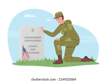 Memorial day in America 2D vector isolated illustration. Sad soldier on friend gave flat character on cartoon background. Fallen hero colourful scene for mobile, website, presentation