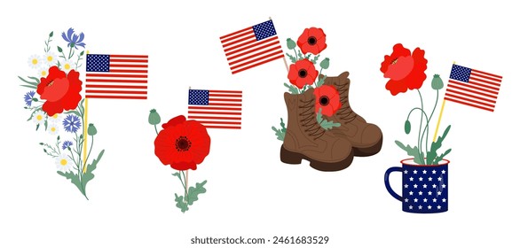 Día de los Caídos. Bandera americana con flores de amapolas rojas , botas militares veteranas y copa patriótica. Colección de símbolos aislados para el diseño de fiestas tradicionales nacionales. Ilustración vectorial 