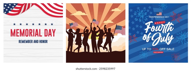 Memorial Day with an American flag. Silhouette of a group of people  waving the American flag. Promotional advertising with special offers. Independence Day sale concept. Set flat vector illustration.