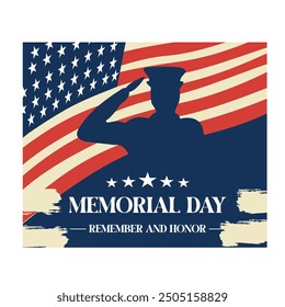 Memorial day with American flag and soldiers. Remember and honor. Flat vector illustration.