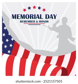 Memorial Day with the American flag and soldiers. Remembering and honoring the services of heroes. Memorial Day concept. Flat vector illustration.