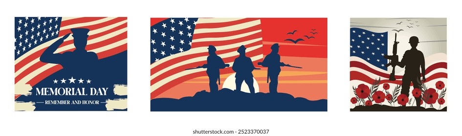 Memorial day with American flag and soldiers. Silhouette of soldier with US flag. Memorial Day in America. Set flat vector modern illustration 