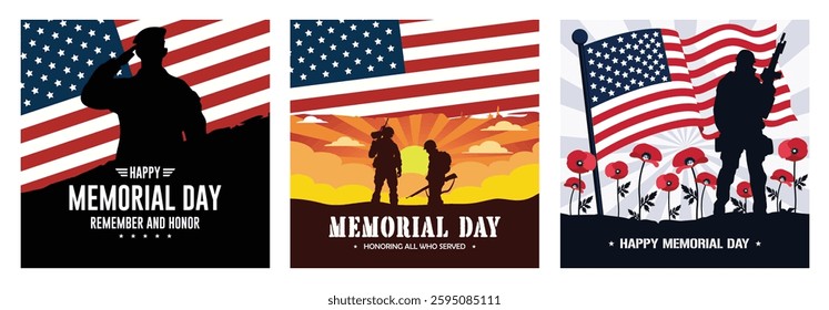 Memorial Day with the American flag and soldiers.  Commemorating the services of heroes. Memorial Day concept. Set flat vector illustration.