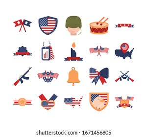 Memorial Day American National Celebration Icons Set Vector Illustration Flat Style Icon