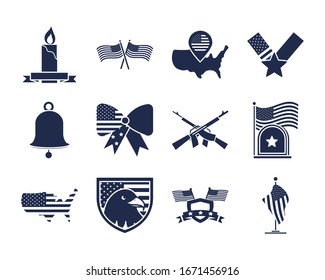 Memorial Day American National Celebration Icons Set Vector Illustration Silhouette Style Icon