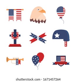 memorial day american national celebration icons set vector illustration flat style icon