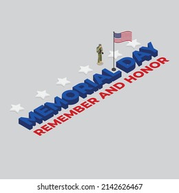 Memorial day - American soldier saluting US Flag isometric 3d vector illustration concept for banner, website, illustration, landing page, template, etc