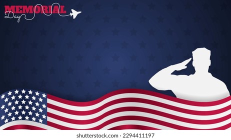 Memorial Day background with American flag and silhouette of soldier. Vector illustration.