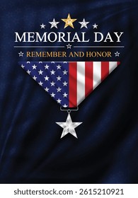 Memorial Day background American flag and medal. Memorial day Remember and Honor on dark blue background with stars. Vector illustration.
