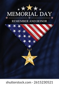 Memorial Day background American flag and medal. Memorial day Remember and Honor on dark blue background with stars. Vector illustration.
