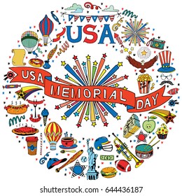 Memorial Day Background. American Independence Day Themed Doodle Set. National Symbols of Fourth of July.