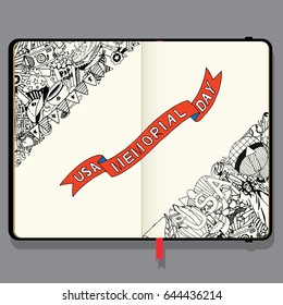 Memorial Day Background. American Independence Day Themed Doodle Set. National Symbols of Fourth of July. Vector Notebook with Shadows and Hand Drawn Doodles.