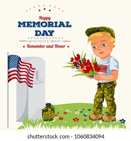 Memorial day background, American veteran lays flowers at white tombstone of monument with us flag, soldier in uniform remembers and honors memory of hero isolated vector illustration