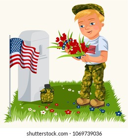 Memorial day background, American veterans lay flowers to white tombstone of monument with us flag, soldiers in uniform remember and honor memory hero isolated vector illustration