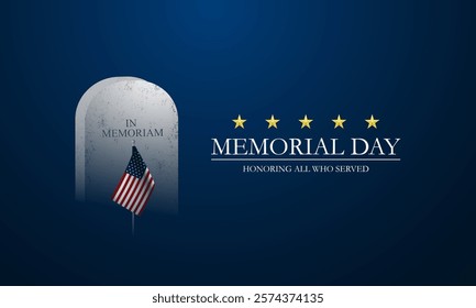 Memorial day background design with cemetery, US flag, and honoring all who served text