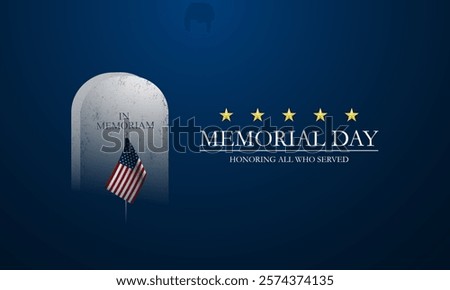 Memorial day background design with cemetery, US flag, and honoring all who served text