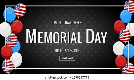 Memorial Day background with frame and baloons. Vector illustration for greeting card, ad, promotion, poster, flier, blog, article, ad, marketing, retail shop, brochure, signage.