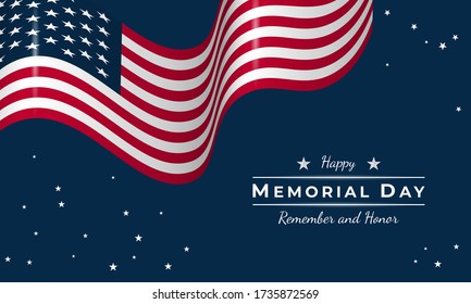 Memorial Day Background. Remember and Honor. Banner Design. USA flag waving with stars on blue background. Vector illustration.