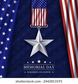 Memorial Day background with USA flag and star medal. Vector illustration.