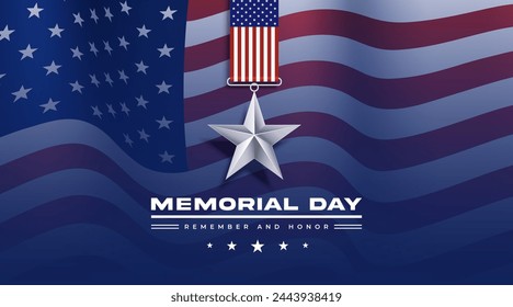 Memorial Day background with USA flag and star medal. Vector illustration.