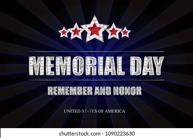 Memorial day background vector art with 5 silver stars. Remember and honor. Illustration