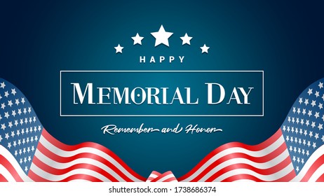 Memorial Day Background Vector illustration, USA flag waving frame on navy blue background