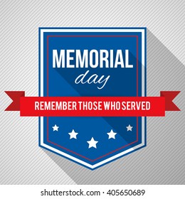 Memorial Day background. Vector illustration with text, stars and ribbon for posters, decoration. White text with long shadows.