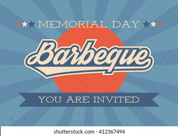 Memorial Day background. Vector illustration with text and ribbon for retro posters,  decoration. White text with long shadows. B-B-Q invitation. Retro style barbecue invitation card for Memorial Day