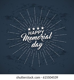 Memorial Day background with white stars, lettering and rays of burst. Template of greeting card for Memorial Day. Vector illustration.