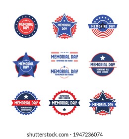 Memorial day badge collection. United States of America patriotic day emblem design. Red white and blue american symbol.