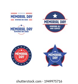 Memorial day badge collection. United States of America patriotic day emblem design. Red white and blue american symbol.