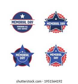 Memorial day badge collection. United States of America patriotic day emblem design. Red white and blue american symbol.
