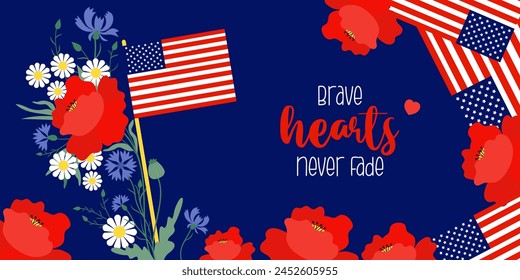 Anuncio Memorial Day. Banderas americanas con flores de amapola roja, flores de maíz y manzanilla sobre fondo azul. Afiche Horizontal de la Ilustración vectorial para el diseño de las fiestas nacionales tradicionales EE.UU.