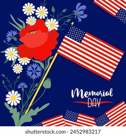 Memorial Day banner. American flags with bouquet flowers red poppy, cornflowers and chamomile on blue background. Vector illustration square poster for design national traditional holidays USA