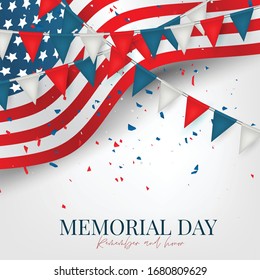 Memorial Day banner background with American flag and blue and red bunting. United States of America holiday. Vector illustration.