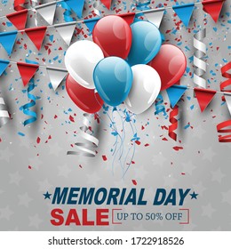 Memorial Day banner. Blue, red, and white USA national flag colors bunting and balloons. Vector illustration.