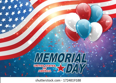Memorial Day banner. Blue, red, and white USA national flag and balloons. Vector illustration.