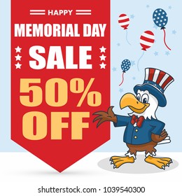 Memorial Day Banner, Cartoon Eagle wearing Uncle Sam Hat, Vector Illustration