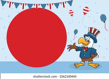 Memorial Day Banner, Cartoon Eagle wearing Uncle Sam Hat, Vector Illustration