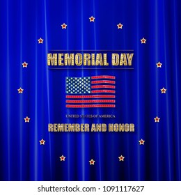 Memorial day banner in a circle of Golden stars. Against the background of the blue curtain. Vector illustration