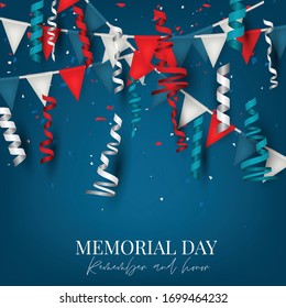 Memorial Day banner or flyer background with bunting and confetti. United States of America national holiday. Vector illustration.