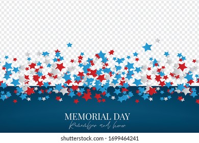 Memorial Day banner or flyer background with blue, red, and white stars. Overlay with transparency for a custom image. United States of America national holiday. Vector illustration.