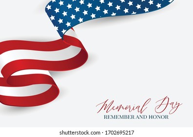 Memorial Day banner or flyer background with American flag ribbon. United States of America national holiday. Vector illustration.