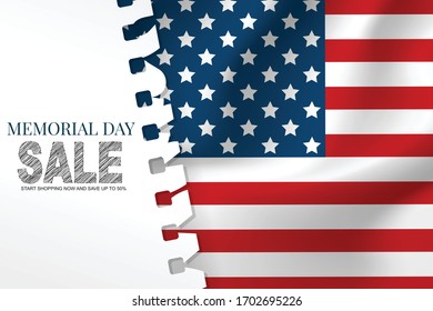 Memorial Day banner or flyer background with American flag. United States of America national holiday. Vector illustration.