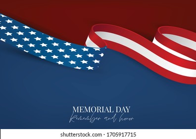 Memorial Day Banner Or Flyer Background With American Flag Ribbon. United States Of America National Holiday. Vector Illustration.