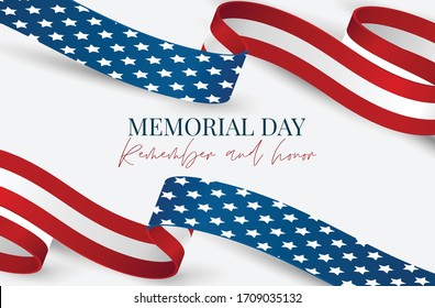 Memorial Day Banner Or Flyer Background With American Flag Ribbon. United States Of America National Holiday. Vector Illustration.