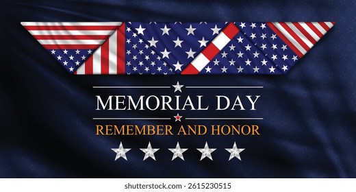 Memorial Day banner with folded triangle elements of the American flag. Memorial Day Remember and Honor on dark blue cloth background. Vector illustration.
